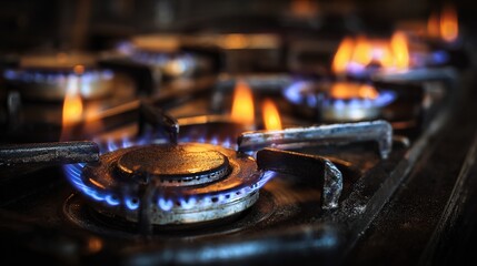 Flames heat the kitchen stove's gas burners.