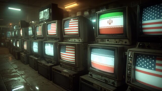 Wide shot of stacked vintage televisions showing USA and Iran flags
