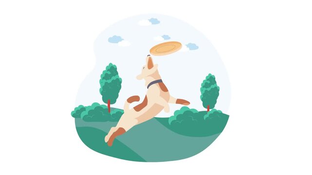 Illustrated rabbit tossing a frisbee in a park with trees and clouds on sunny day