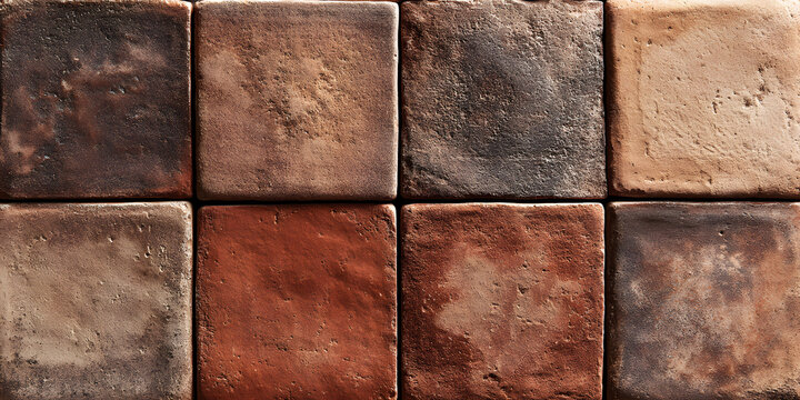 Terracotta ceramic tiles in various earthy tones arranged in a grid pattern for Mediterranean interiors
