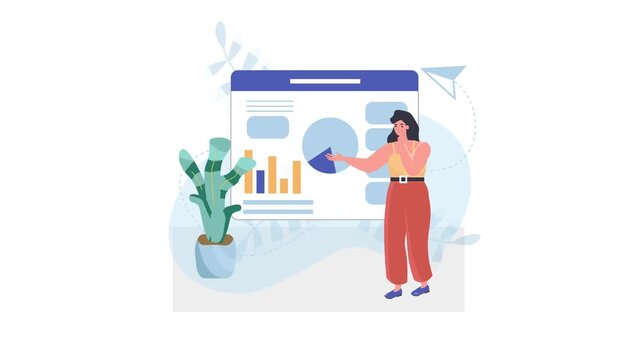 Businesswoman presenting data dashboard with analytics charts and growth concept illustration