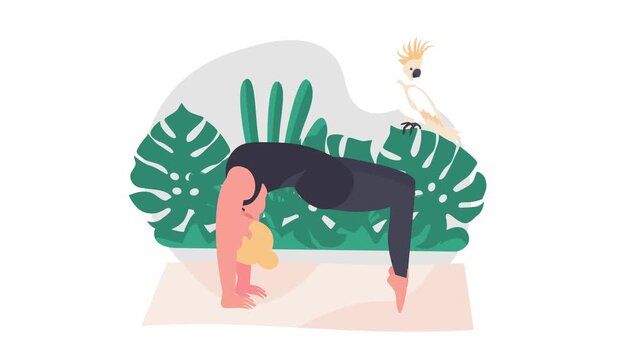 Woman practicing yoga in forearm plank pose with tropical leaves in modern flat illustration