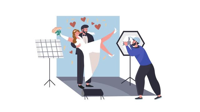 Wedding couple celebration with confetti hearts and photographer on studio set illustration