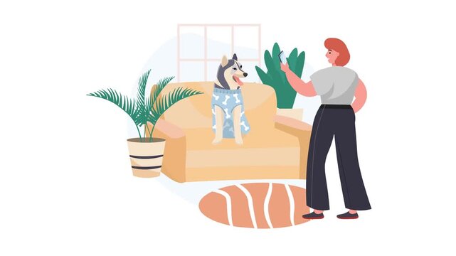Pet care assistant giving dog medicine at home in bright living room vector illustration