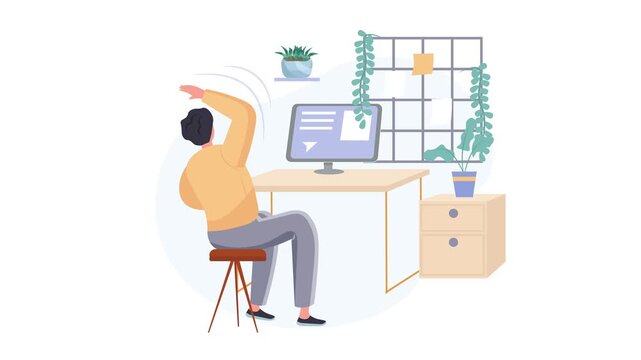 Young freelancer working on computer at home desk with plants and window vector illustration