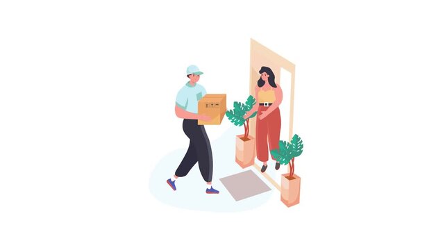 Illustrated delivery worker handing parcel box to woman at doorstep in home entrance