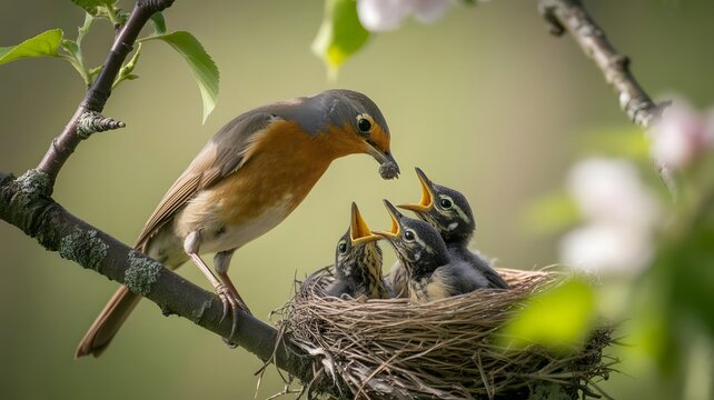 An adult orange robin feeding three hungry baby robins in a built on a tree branch amongst blossoming pink flowers in the early sp daylight.