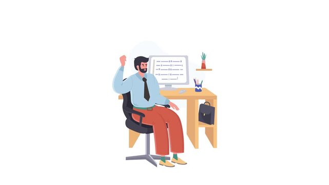 Businessman working at computer desk in office with paperwork and stationery vector illustration