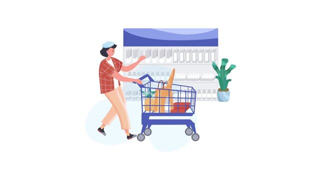 Grocery store worker stocking supplies while pushing shopping cart in supermarket aisle illustration