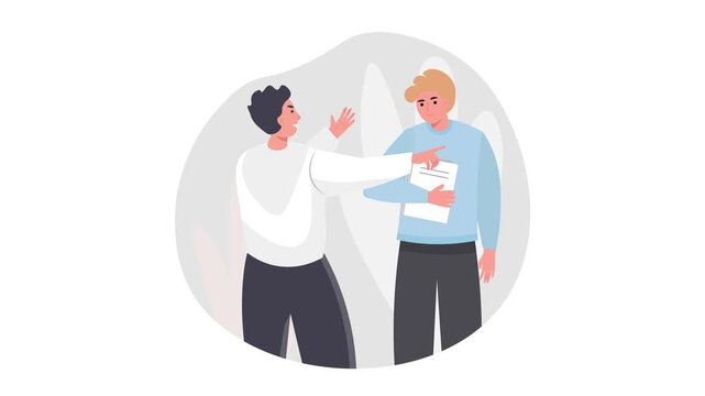 Illustrated caregiver comforting senior man while holding medical documents and offering support