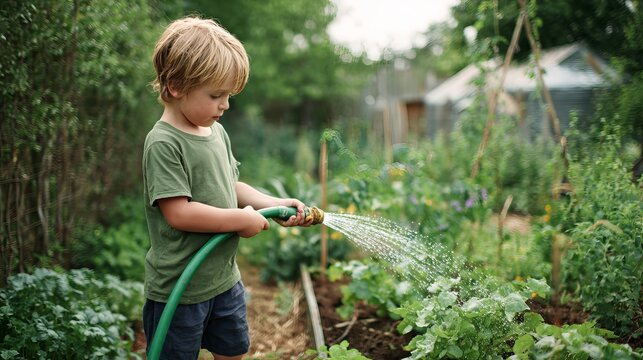 Young boy waters garden plants with hose in backyard.