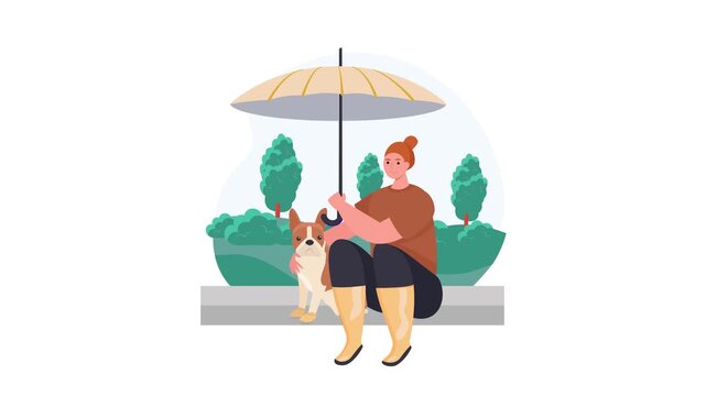 Smiling person holding umbrella with dog in garden park, rainy day protection concept