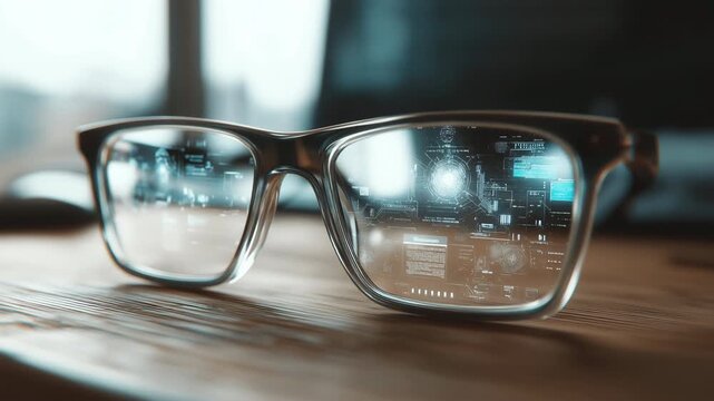 Close up of smart glasses on wooden desk with blue holographic HUD