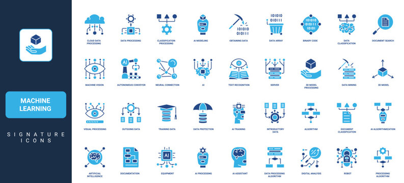 Machine learning, automatic data classification and mining, AI assistant glyph icon set. Artificial intelligence model, document processing, server solid symbols vector illustration