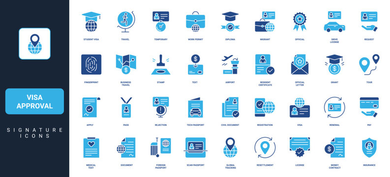 Visa migration approval, work and student grant, foreign travel documents registration, insurance glyph icon set. Fingerprint scan, approved status, fee solid symbols vector illustration