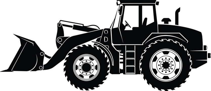Black and white silhouette illustration of front‑end loader construction equipment with bucket, wheels, cab, hydraulic arm, and heavy machinery design reference for engineering, .