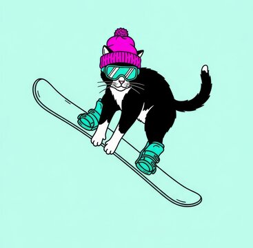 Funny Cartoon Tuxedo Cat Snowboarding Illustration wearing Pink Beanie and Turquoise Goggles on Mint Background