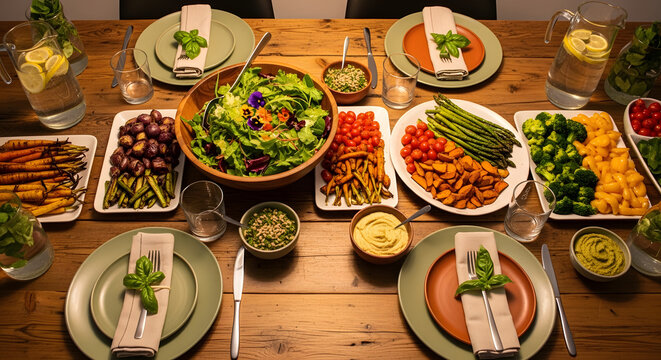 A table set with various dishes of food including salad meat and vegetables