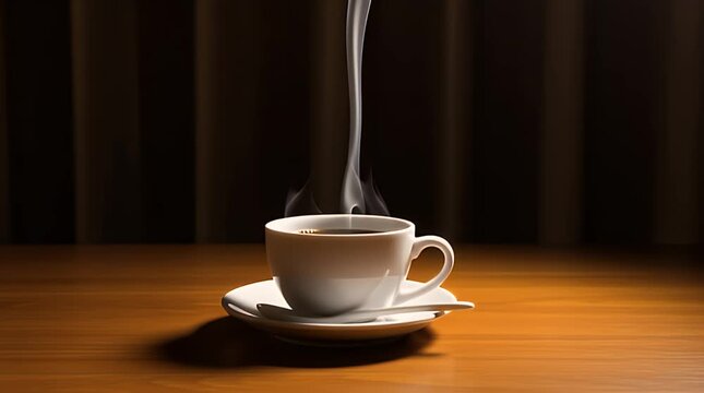 Aromatic steaming hot beverage in a classic white porcelain cup sits ready on a wooden table suggesting morning freshness and warmth.