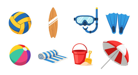 Beach icon set includes volleyball, surfboard, and snorkeling gear on sandy shore. © MuhammadAbdulJalil01