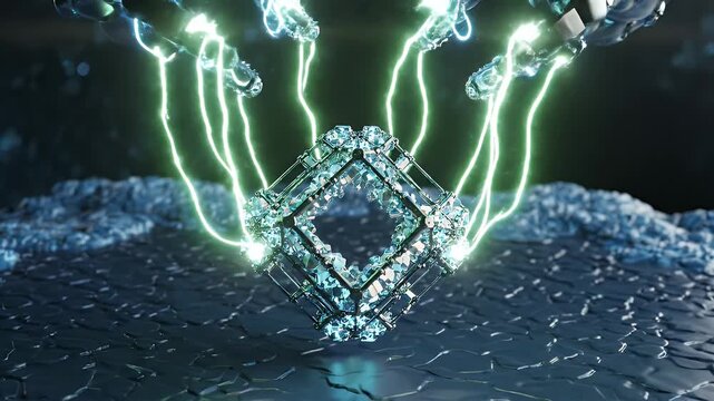 An abstract, futuristic scene. Metallic orbs connect with energy bursts towards a crystalline shape