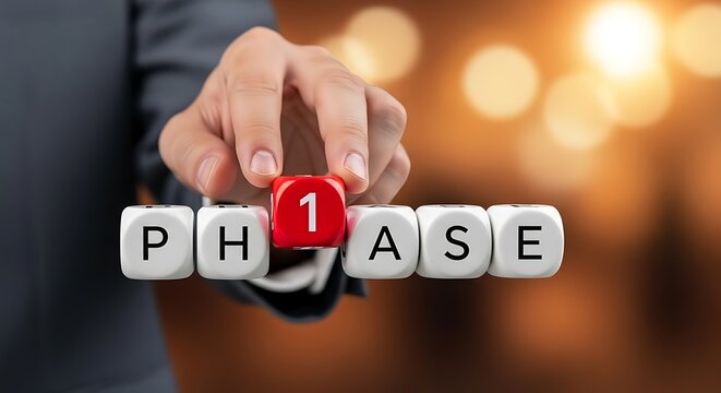 Hand holding red cube with number 1 in word Phase, representing first stage of project development.