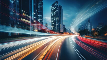 Obraz premium Light trails on the modern building background. Light trails at night in urban environment, Abstract Motion Blur City, traffic, transportation, street, road, speed
