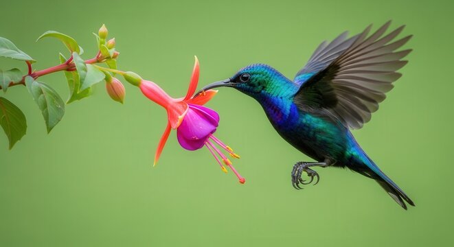 Vibrant Hummingbird Drinking Nectar from Exotic Pink Flower in Flight