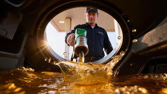 Hyperrealistic slow motion video from inside a car fuel tank looking up at gas station attendant in uniform pouring golden gasoline through filler neck.