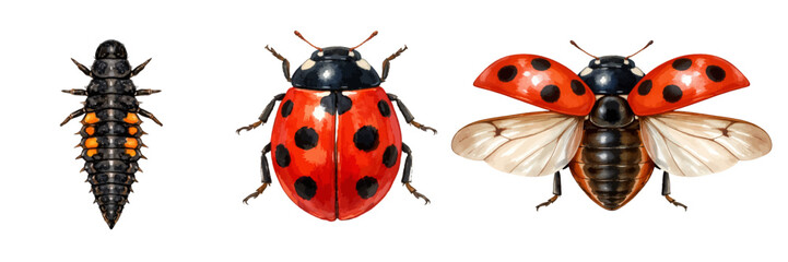 A beautiful collection of watercolor ladybug clip art featuring a ladybug larva, a closed-wing ladybug, and an open-wing ladybug in detailed natural style. © liana