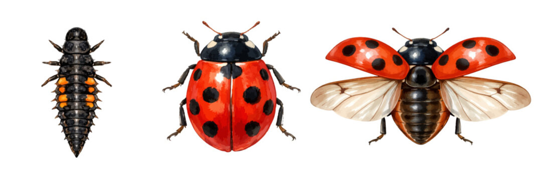 A beautiful collection of watercolor ladybug clip art featuring a ladybug larva, a closed-wing ladybug, and an open-wing ladybug in detailed natural style.