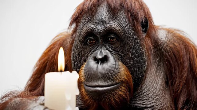 Orangutan Holding a Lit Candle in a Studio Setting.