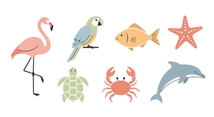 Naklejka premium A colorful icon set of marine and tropical animals on a white background