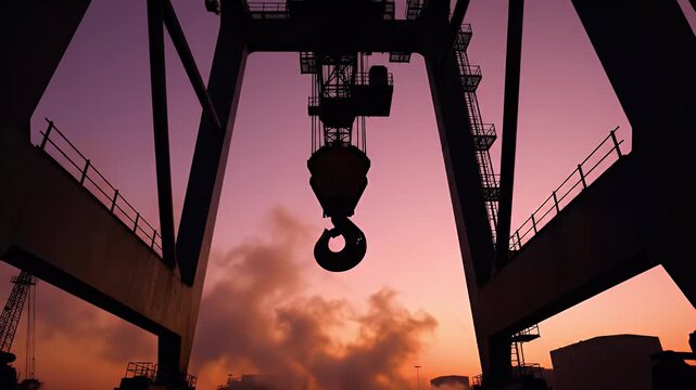 Massive industrial crane hook silhouetted against a dramatic purple sky during sunset.