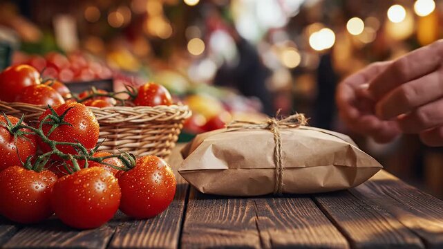 Vendor packing fresh red tomatoes into a paper bag on a wooden table at a local market.