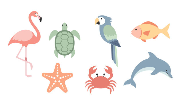 A colorful icon set of ocean creatures and animals on a white background