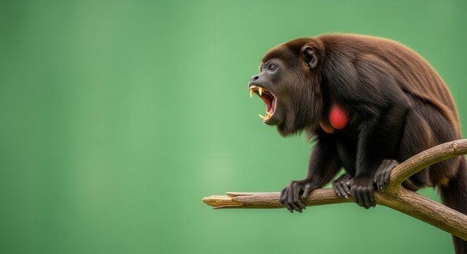 Vibrant Image of a Fierce Black Monkey Roaring on a Tree Branch in Nature