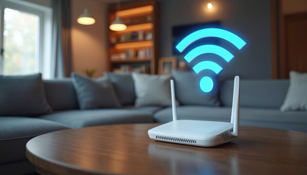 Wireless wifi router with glowing blue signal on wooden table in living room. Modern home internet connection device with antennas, providing digital data flow. Seamless network access.