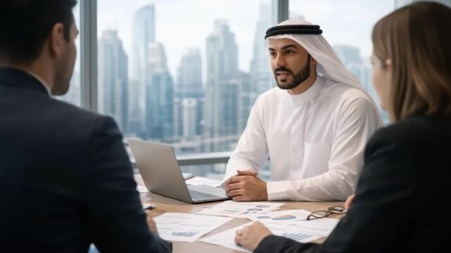 Businessman office meeting discussion with laptop and paperwork showcasing professional teamwork and corporate strategy in cityscape environment for effective business communication and partnership