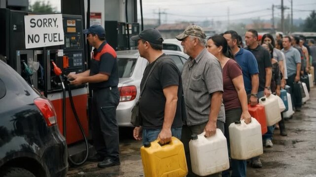 People waiting in outdoor queue at gas station holding fuel containers in long line showing frustration and urgency during fuel shortage crisis with no gas available sign