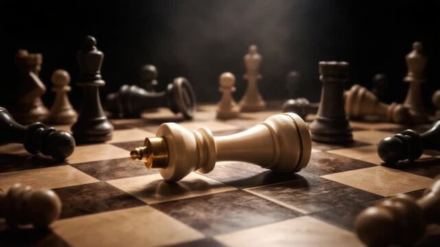 Chess king fallen wooden chessboard with scattered chess pieces dramatic lighting, showcasing strategy and defeat classic game setting full of intense tactical moments and timeless challenge