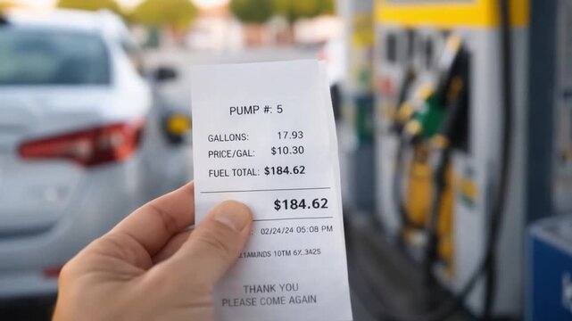 Gas station receipt fuel pump gasoline price fuel purchase hand holding receipt car refueling fuel cost payment proof fuel quantity vehicle refueling outdoor gas station payment transaction details
