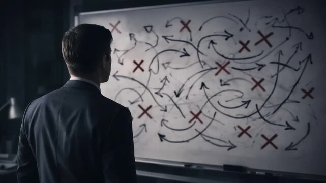 Man in suit analyzes complexity on whiteboard filled with chaotic arrows and red crosses, conveying confusion and urgency in business environment