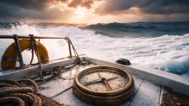 Old compass boat deck with ocean waves and sunset sky featuring life buoy and rope coil for maritime navigation cloudy weather, nautical theme with marine safety and sailing vessel horizon line