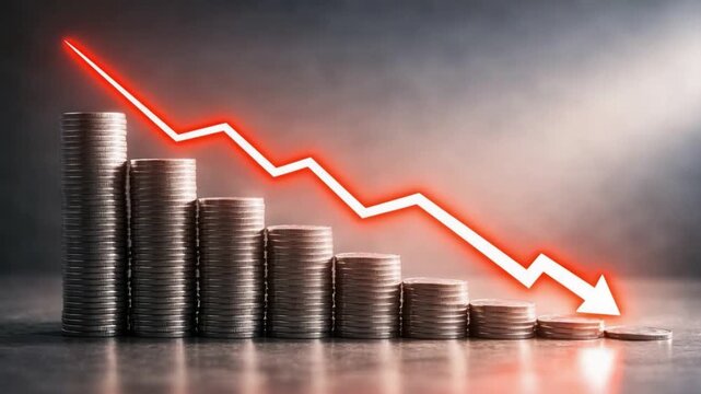 Decline in economy and investment shown by stacked silver coin graph with glowing red downward arrow symbolizing financial loss, money decrease, business risk, and profit drop trends