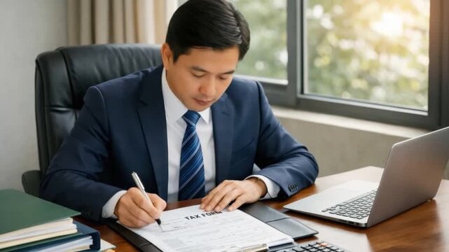 Businessman office professional working with tax form paperwork laptop pen desk focused financial calculation document writing finance corporate executive adult employee formal suit tie indoor