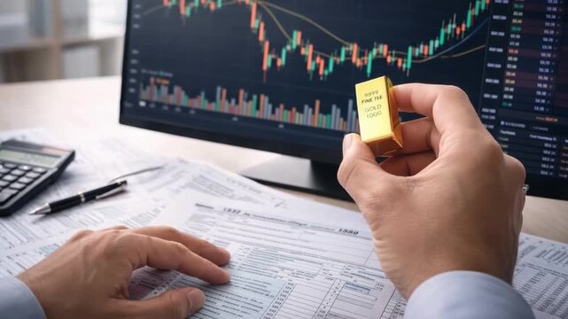 Analyzing Financial Data with Gold Bar Investment Strategies in Stock Market Charts, Trading Insights, and Comprehensive Financial Analysis with Documents and Calculator