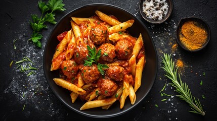 Penne pasta and meatballs swim in tomato sauce with salt and spices. Italian dish penne rests on dark concrete.