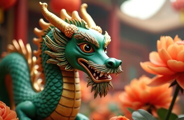 Fototapeta premium Green dragon statue with golden accents stands amid vibrant orange flowers, red lanterns. Mystical creature power, good fortune, often seen during Chinese New Year celebrations, bringing touch of
