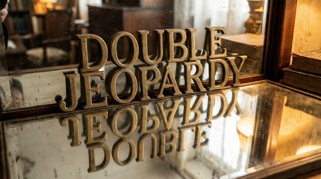 Golden Double Jeopardy sign with a clear reflection on a shiny glass surface.